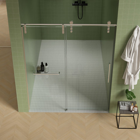 Porte de douche coulissante sans cadre avec porte-serviettes (56 à 60 po de largeur x 70 po de hauteur), verre trempé de qualité supérieure de 8 mm d'épaisseur, revêtement double face facile à nettoyer, finition nickel brossé avec tampon. 
