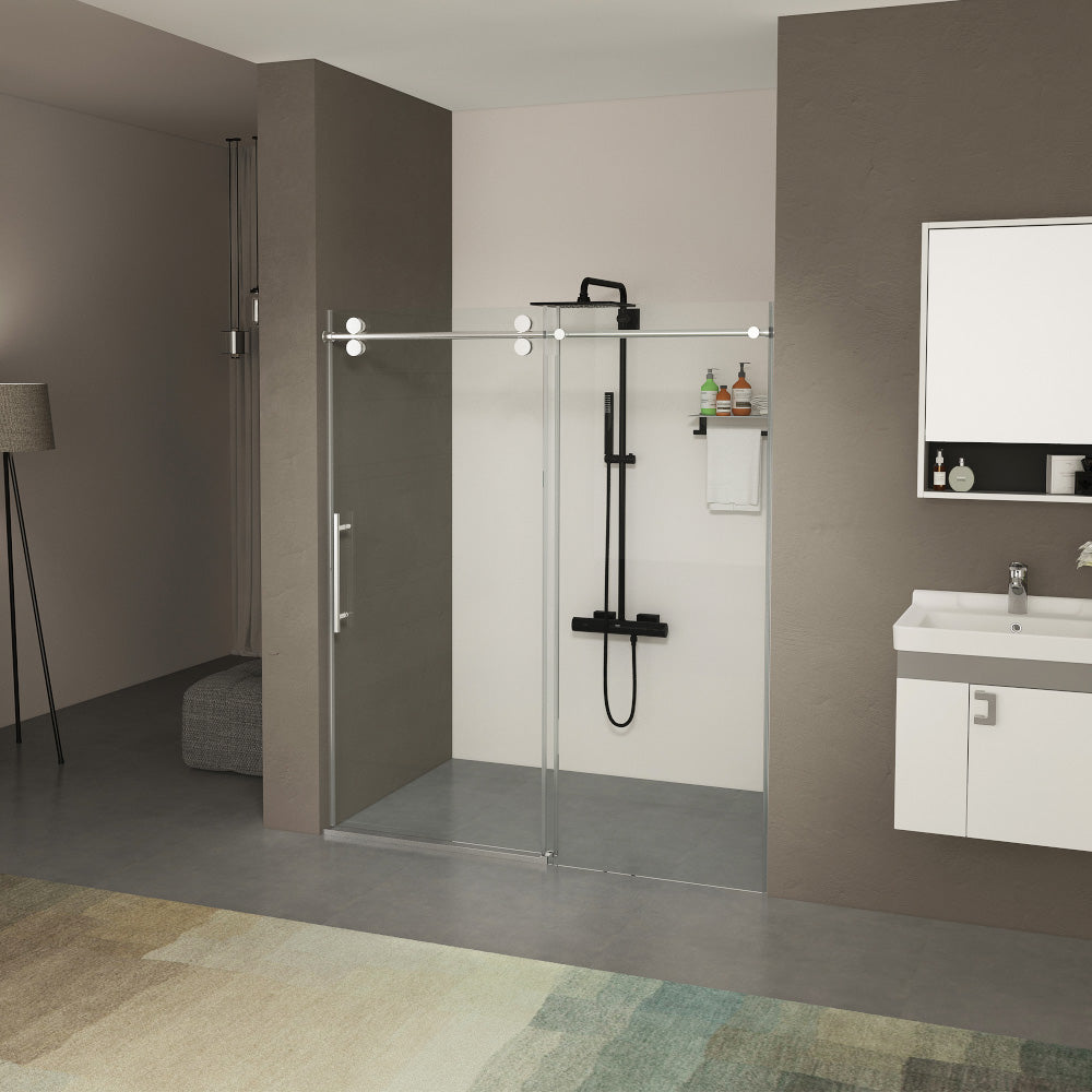 56"-60" B x 70/76" H Rahmenlose Schiebetür für die Dusche, mit hochwertigem 3/8" (10 mm) / 5/16" (8 mm) dickem gehärtetem Glas, beidseitig leicht zu reinigende Beschichtung, Chromoberfläche mit Puffer