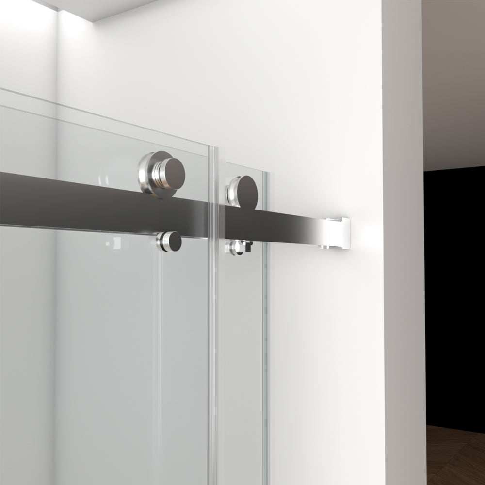 Porte de douche coulissante double sans cadre (56 à 60 po l x 76 po H), verre trempé transparent de 10 mm (3/8 po) avec rail carré, revêtement double face facile à nettoyer, finition nickel brossé avec tampon 