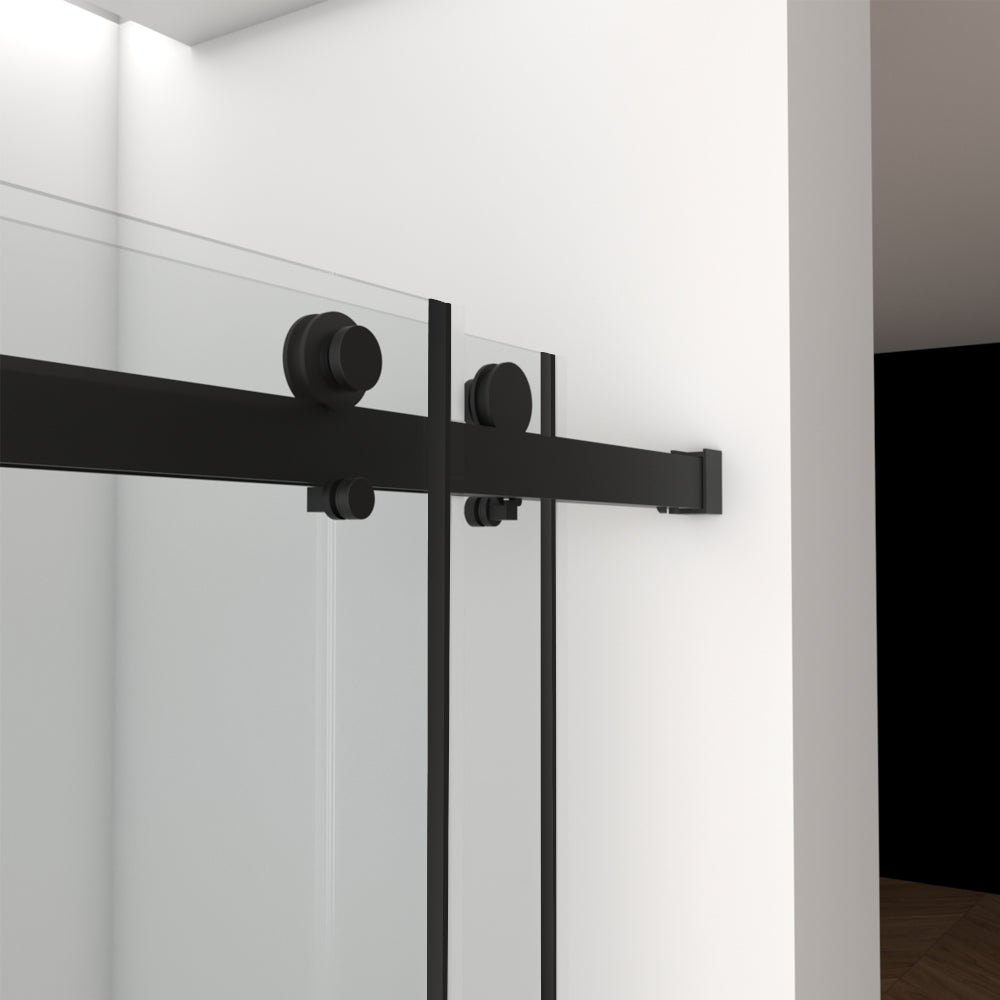 Porte de douche coulissante double sans cadre (142 à 152 cm de largeur x 178 cm de hauteur), verre feuilleté de 8 mm (5/16 po), verre trempé de qualité supérieure, revêtement double face facile à nettoyer, finition noir mat avec tampon. 