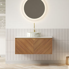 AISU 36" Bathroom Vanity&Sink, Floating Plywood Storage Cabinet, Twill Double Doors with Metal Trim, Matte Stone Pattern White Round Ceramic Basin&Sintered Stone Top, Brown Oak Woodgrain (New SKU)