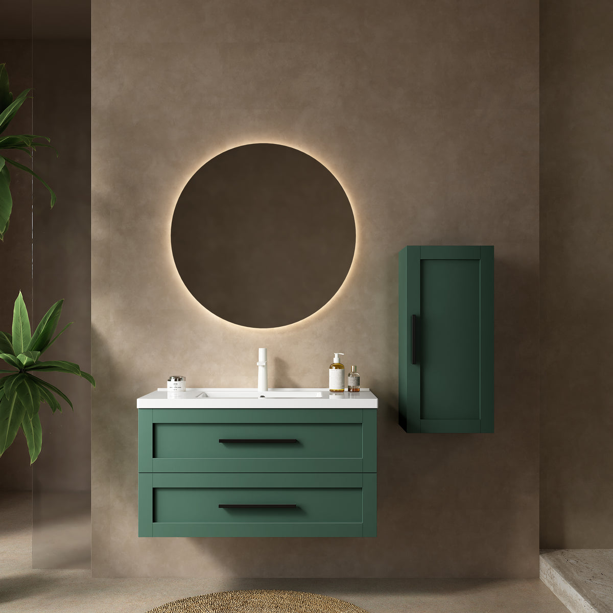36" Badezimmer-Waschtisch mit Waschbecken, modernes wandmontiertes weißes Keramikwaschbecken ohne Wasserhahn, grün 