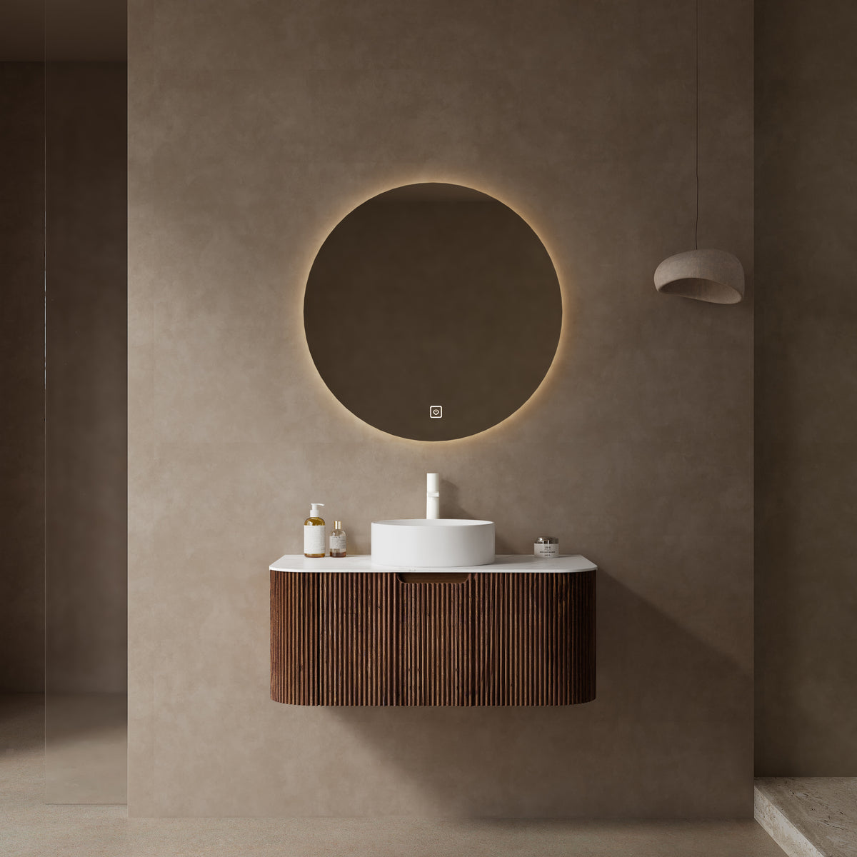 AISU 36" Bathroom Vanity with Sink, Curved Edges Striped, White Ceramic Basin without Faucet, Dark Walnut Woodgrain Color