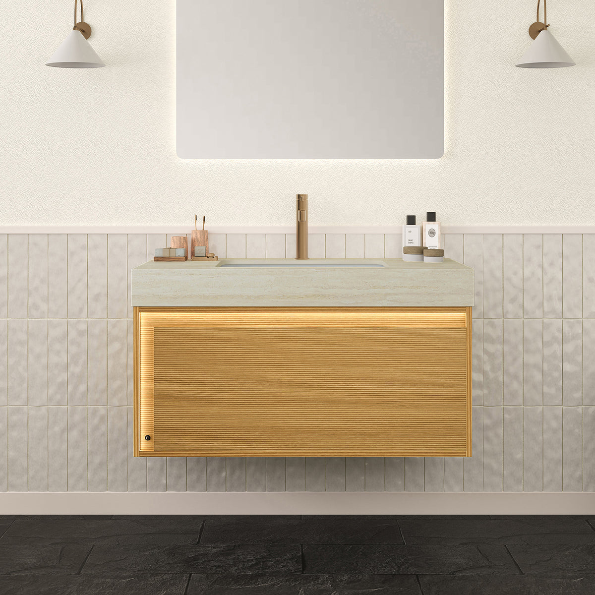 AISU 36" Floating Ultra-Slim Grille Plywood Bathroom Vanity, Sensor Light, Travertine-Pattern Sintered Stone Top&Ceramic Undermount Basin, Pre-assembled, Light Woodgrain