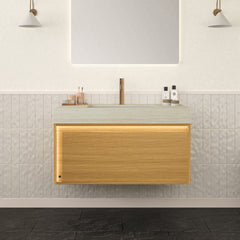 AISU 36" Floating Ultra-Slim Grille Plywood Bathroom Vanity, Sensor Light, Travertine-Pattern Sintered Stone Top&Ceramic Undermount Basin, Pre-assembled, Light Woodgrain