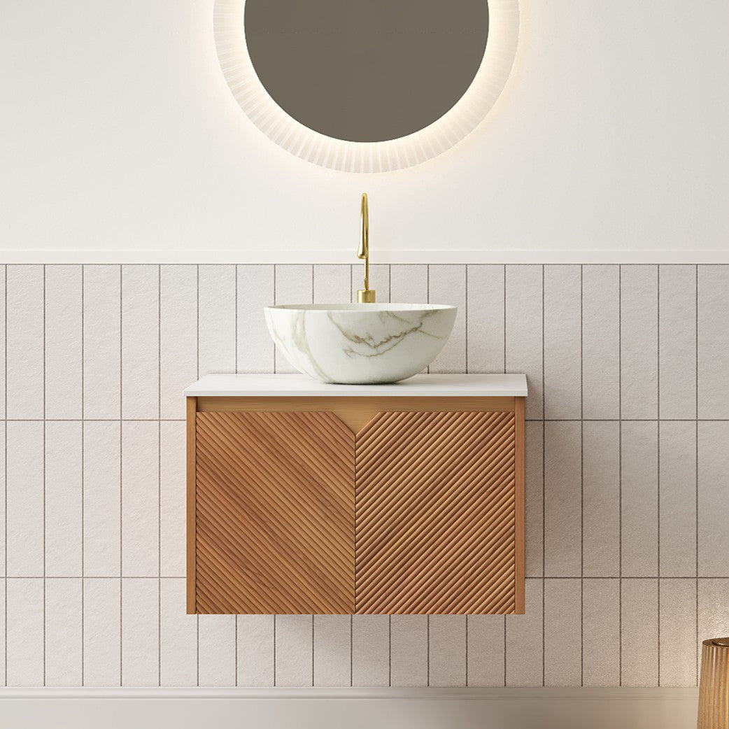 AISU 24" Bathroom Vanity&Sink, Floating Plywood Storage Cabinet, Twill Double Doors with Metal Trim, Matte Stone Pattern White Bowl Ceramic Vessel Basin&Sintered Stone Top, Brown Oak Woodgrain Color