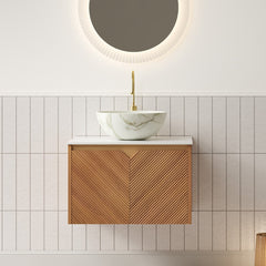 AISU 24" Bathroom Vanity&Sink, Floating Plywood Storage Cabinet, Twill Double Doors with Metal Trim, Matte Stone Pattern White Bowl Ceramic Vessel Basin&Sintered Stone Top, Brown Oak Woodgrain Color