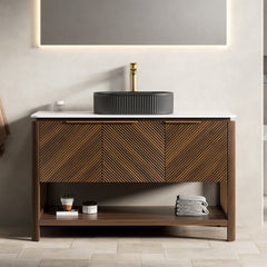 AISU 48" Freestanding Plywood Bathroom Cabinet with 3 Diagonal Striped Doors&Open Shelf, Black Striped Oval Ceramic Basin&Carrara White Sintered Stone Top, Dark Walnut Woodgrain