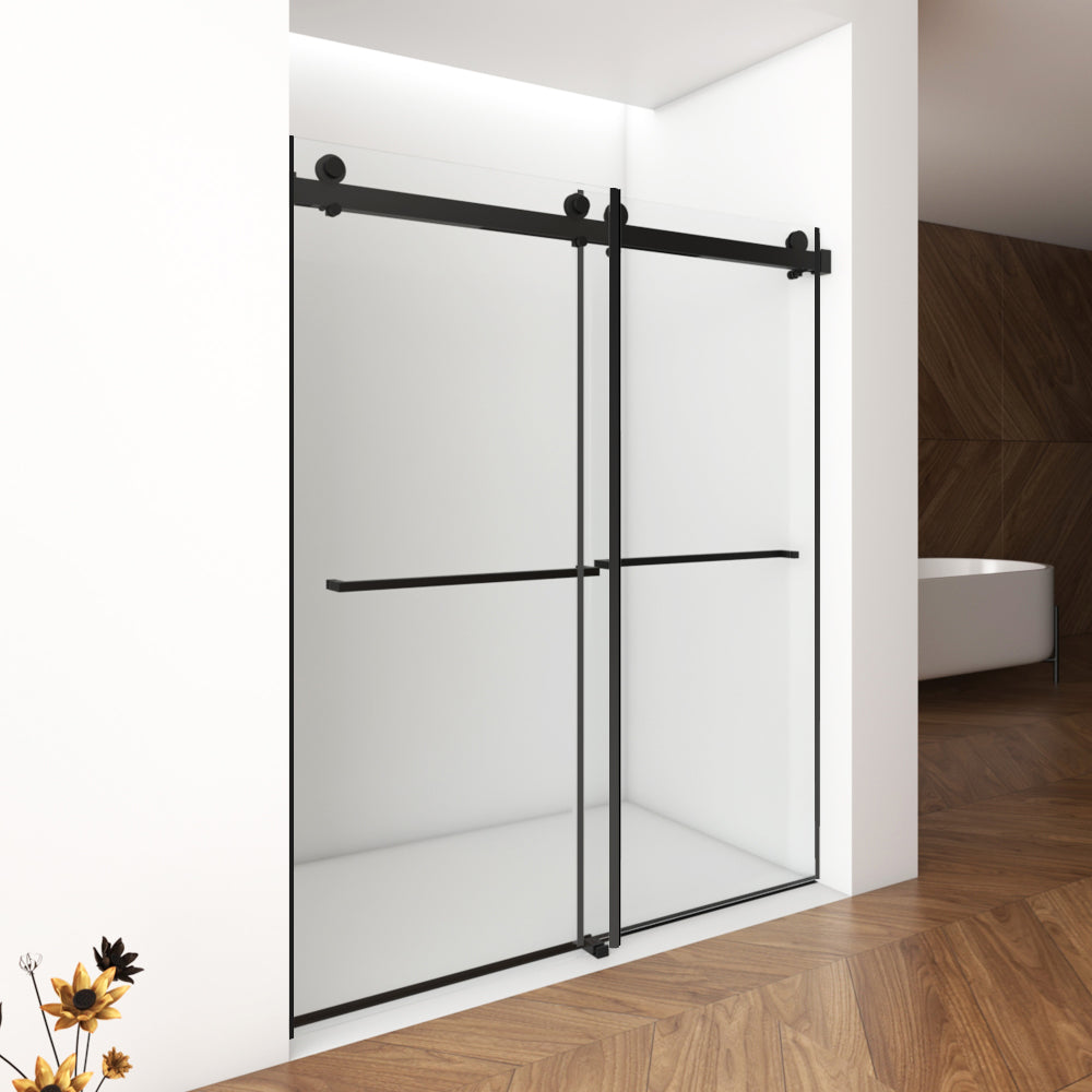 Porte de douche coulissante double sans cadre (142 à 152 cm de largeur x 178 cm de hauteur), verre feuilleté de 8 mm (5/16 po), verre trempé de qualité supérieure, revêtement double face facile à nettoyer, finition noir mat avec tampon. 