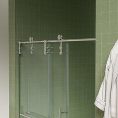 56"-60" B x 70" H Rahmenlose Duschschiebetür mit Handtuchhalter, hochwertiges 5/16" (8 mm) dickes gehärtetes Glas, beidseitig leicht zu reinigende Beschichtung, gebürstetes Nickel-Finish mit Puffer 