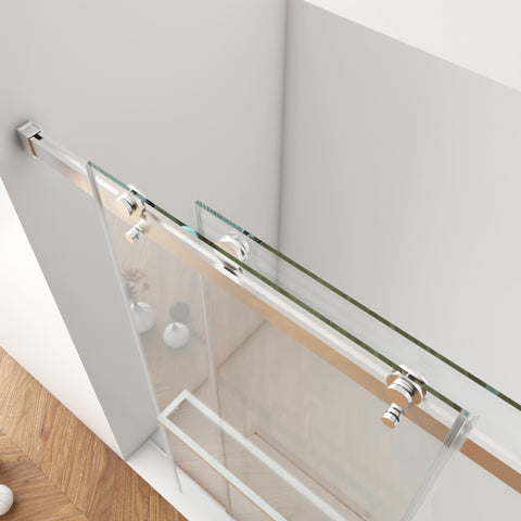Porte de douche coulissante double sans cadre (56 à 60 po l x 76 po H), verre trempé transparent de 10 mm (3/8 po) avec rail carré, revêtement double face facile à nettoyer, finition nickel brossé avec tampon 
