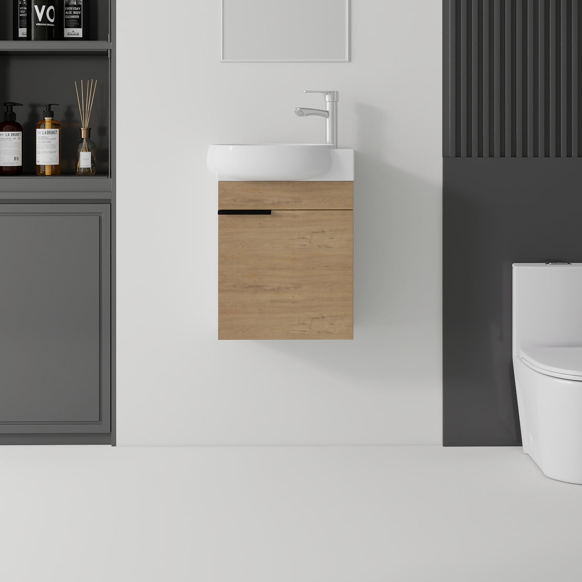 AISU 16 Inch Floating Bathroom Vanity with Sink, Soft-Close Door, Ceramic Sink, Oak