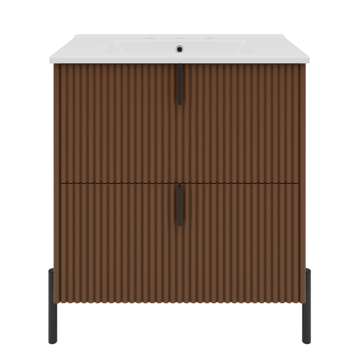 AISU 30" Fluted Design Freestanding Bathroom Vanity with Ceramic Sink, With Leg, Dark Brown