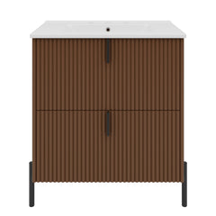 AISU 30" Fluted Design Freestanding Bathroom Vanity with Ceramic Sink, With Leg, Dark Brown