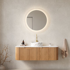 AISU 48" Bathroom Vanity with Sink, Curved Edges Striped, White Round Ceramic Basin with Stone Pattern, Natura Woodgrain Color