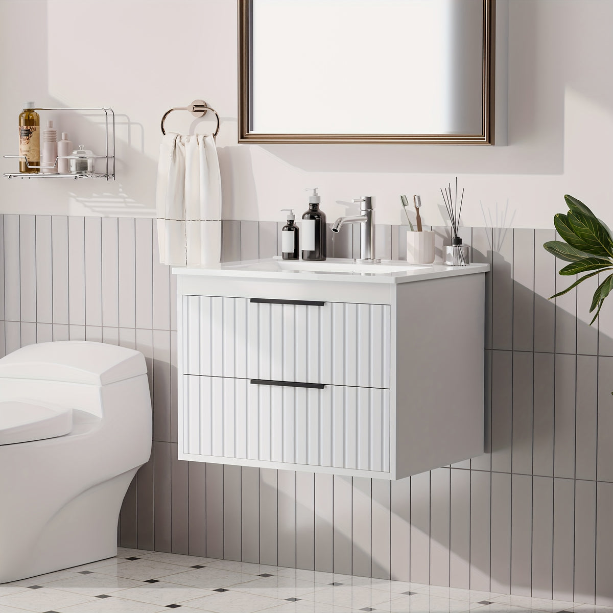 AISU 24" Weißer schwebender Badezimmerwaschtisch mit Waschbecken – Wandmontage