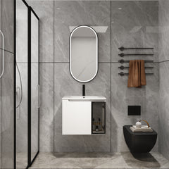 AISU 24" Wall-Mounted Bathroom Vanity With Ceramic Sink, Glossy White Vanity & Grey Glass 1/2 Door, Plywood (KD-Packing)
