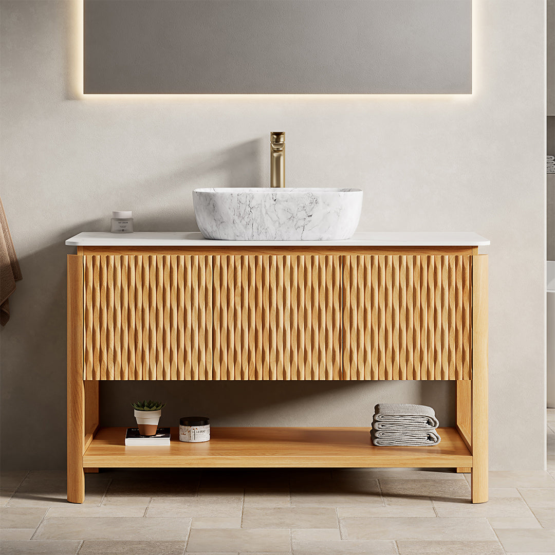 AISU FacetGrid 48" Bathroom Vanity Freestanding Plywood Cabinet with 3 Bamboo Texture Doors&Open Shelf, Marble Pattern Ceramic Vessel Basin&Carrara White Sintered Stone Top, Woodgrain Color