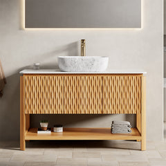 AISU FacetGrid 48" Bathroom Vanity Freestanding Plywood Cabinet with 3 Bamboo Texture Doors&Open Shelf, Marble Pattern Ceramic Vessel Basin&Carrara White Sintered Stone Top, Woodgrain Color
