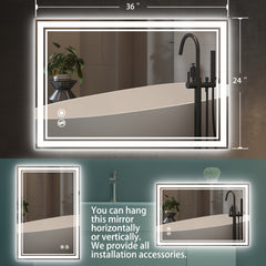 Miroir de salle de bain à DEL 24 x 36 pouces avec antibuée, 3 couleurs, intensité variable, horizontal/vertical