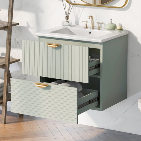 Moderner 24-Zoll-Badezimmerwaschtisch zur Wandmontage mit 2 Schubladen, Grün – Ideal für kleine Badezimmer 
