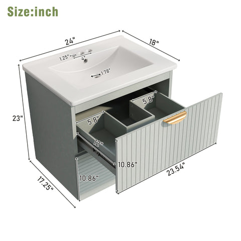 Moderner 24-Zoll-Badezimmerwaschtisch zur Wandmontage mit 2 Schubladen, Grün – Ideal für kleine Badezimmer 