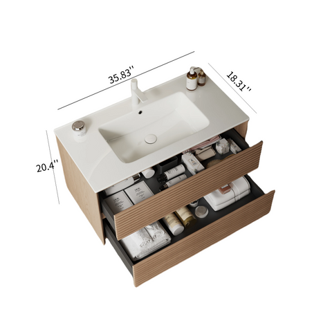 36" Modern Bathroom Vanity, Wall-Mounted, Natural Walnut Woodgrain Color