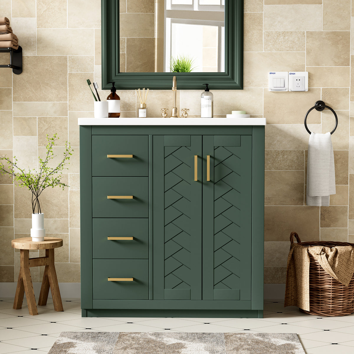AISU 30" Solid Wood Floor Mounted Bathroom Vanity with Ceramic Sink Combo, Green
