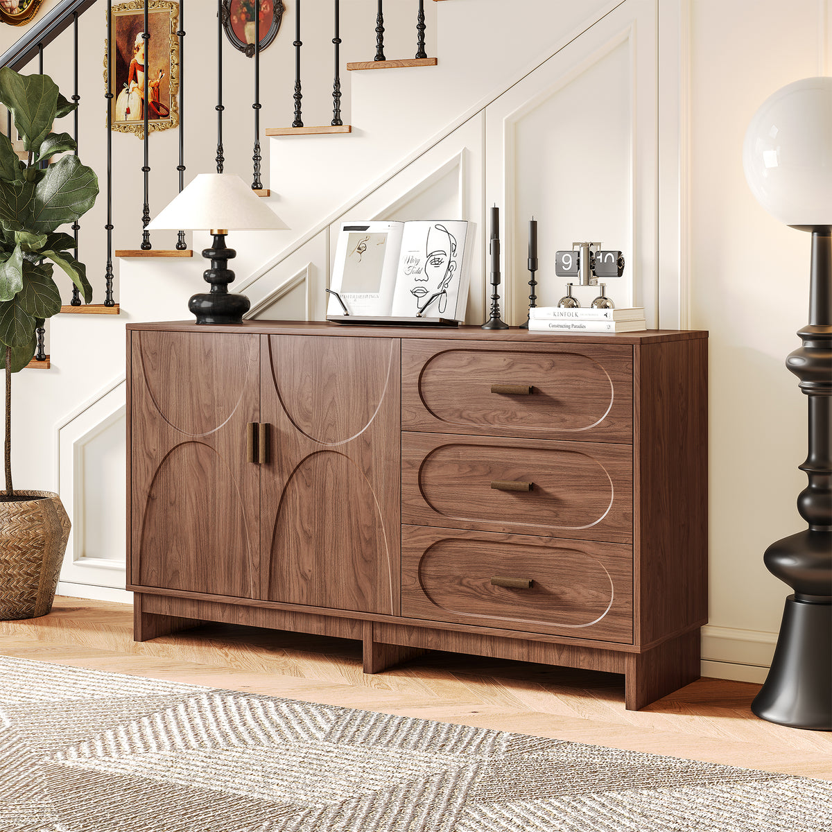 AISU, 59.1" Buffet Sideboard with 2 Doors and 3 Drawers, Walnut Finish with Oval Grain Texture, Farmhouse Storage Cabinet for Dining Room Living Room Hallway, Large Space Accent Furniture, Easy Assembly