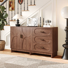 AISU, 59.1" Buffet Sideboard with 2 Doors and 3 Drawers, Walnut Finish with Oval Grain Texture, Farmhouse Storage Cabinet for Dining Room Living Room Hallway, Large Space Accent Furniture, Easy Assembly