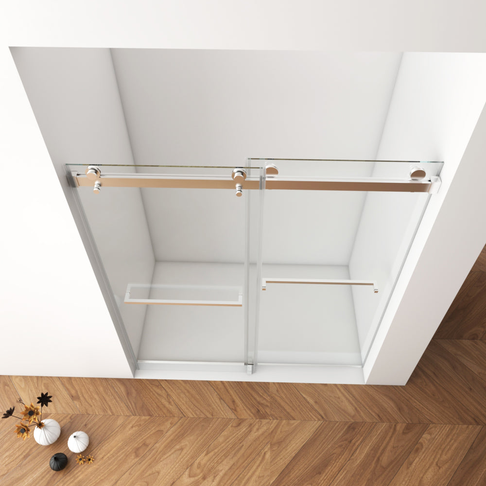 Porte de douche coulissante double sans cadre (56 à 60 po l x 76 po H), verre trempé transparent de 10 mm (3/8 po) avec rail carré, revêtement double face facile à nettoyer, finition nickel brossé avec tampon 