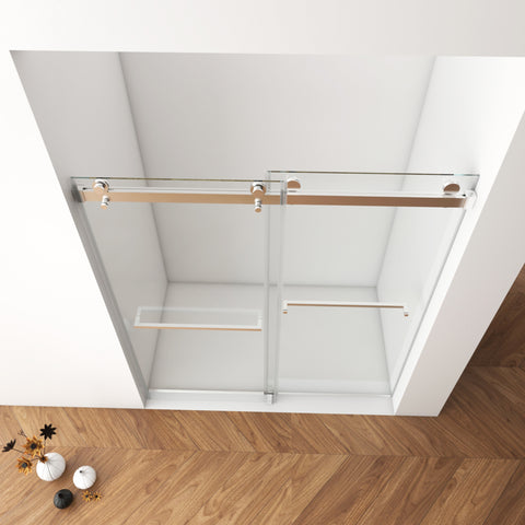 Porte de douche coulissante double sans cadre (56 à 60 po l x 76 po H), verre trempé transparent de 10 mm (3/8 po) avec rail carré, revêtement double face facile à nettoyer, finition nickel brossé avec tampon 