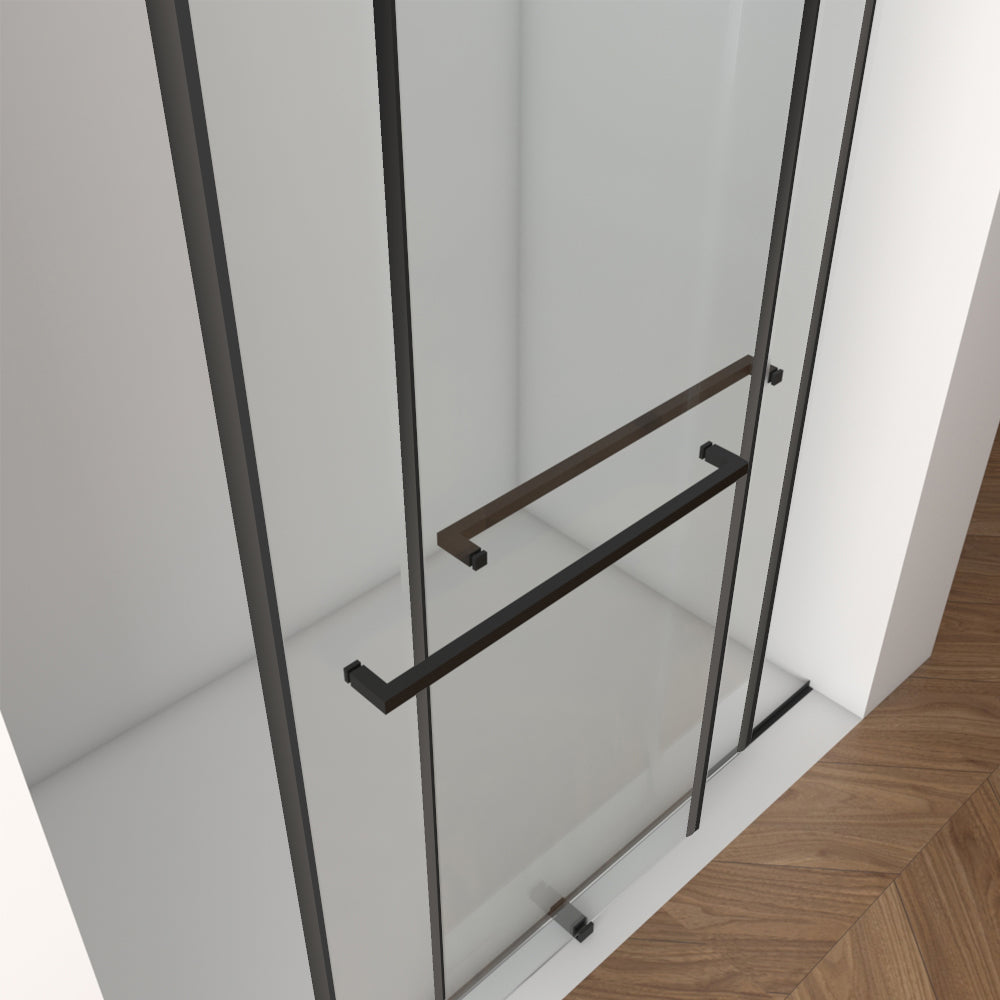Porte de douche coulissante double sans cadre (142 à 152 cm de largeur x 178 cm de hauteur), verre feuilleté de 8 mm (5/16 po), verre trempé de qualité supérieure, revêtement double face facile à nettoyer, finition noir mat avec tampon. 