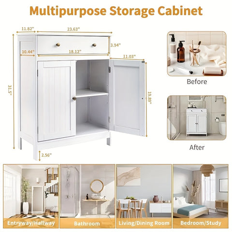 Badezimmer-Aufbewahrungsschrank-Set – Badezimmer-Waschtisch mit Doppelrollladentür und Soft-Close-Schublade (weiß)