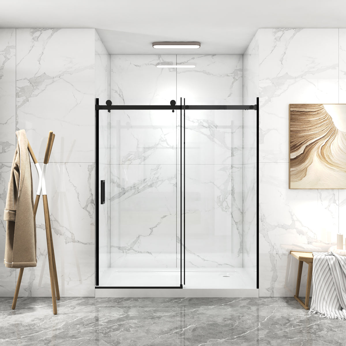Porte de douche coulissante sans cadre (56 à 60 po l x 70 po H), avec verre trempé de qualité supérieure de 8 mm d'épaisseur, finition noir mat avec tampon 