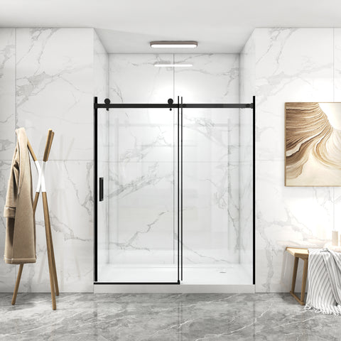 Porte de douche coulissante sans cadre (56 à 60 po l x 70 po H), avec verre trempé de qualité supérieure de 8 mm d'épaisseur, finition noir mat avec tampon 