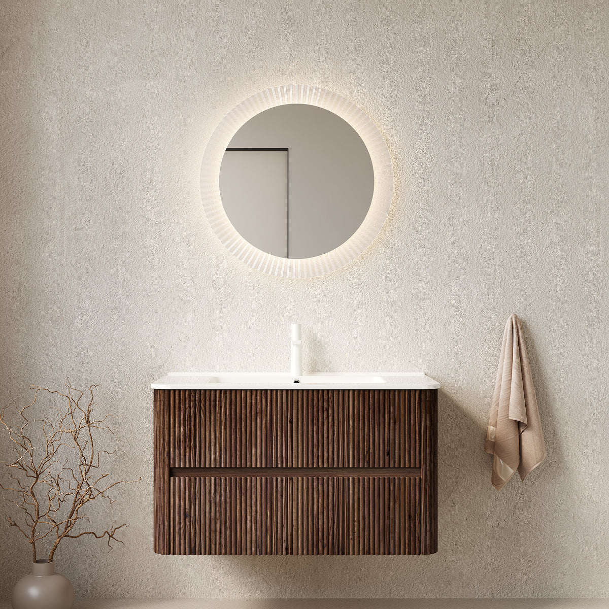 AISU 36" Bathroom Vanity with Sink, Wall-Mounted Floating Plywood  Bathroom Storage Cabinet with 2 Drawers, White Ceramic Basin, NO Faucet, Pre-assembled, Retro Walnut Woodgrain Color