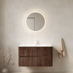 AISU 36" Bathroom Vanity with Sink, Wall-Mounted Floating Plywood  Bathroom Storage Cabinet with 2 Drawers, White Ceramic Basin, NO Faucet, Pre-assembled, Retro Walnut Woodgrain Color