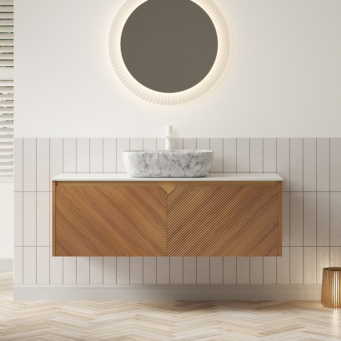 AISU 48" Bathroom Vanity&Sink, Floating Plywood Storage Cabinet, Twill Double Doors with Metal Trim, Marble Pattern Ceramic Vessel Basin&Carrara White Sintered Stone Top, Brown Oak Woodgrain Color