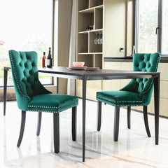 AISU, High-end Tufted Solid Wood Contemporary Velvet Upholstered Dining Chair with Wood Legs Nailhead Trim 2-Pcs Set, Green
