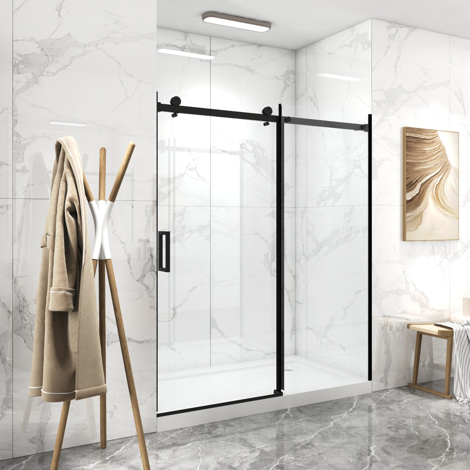 Porte de douche coulissante sans cadre (56 à 60 po l x 70 po H), avec verre trempé de qualité supérieure de 8 mm d'épaisseur, finition noir mat avec tampon 