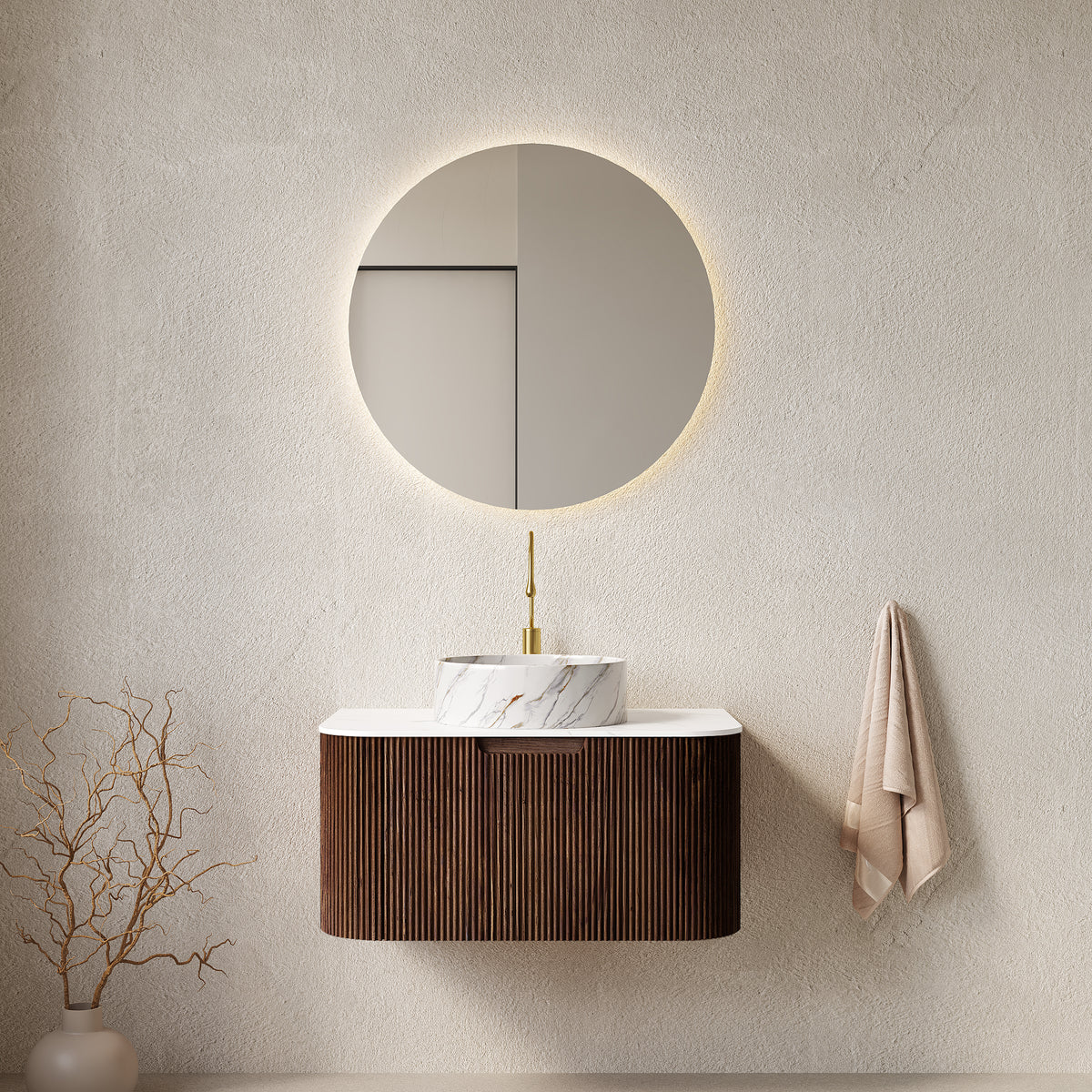 AISU 30" Bathroom Vanity with Sink, Curved Edges Striped, White Ceramic Basin with Stone Pattern, Dark Walnut Woodgrain Color
