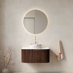 AISU 30" Bathroom Vanity with Sink, Curved Edges Striped, White Ceramic Basin with Stone Pattern, Dark Walnut Woodgrain Color