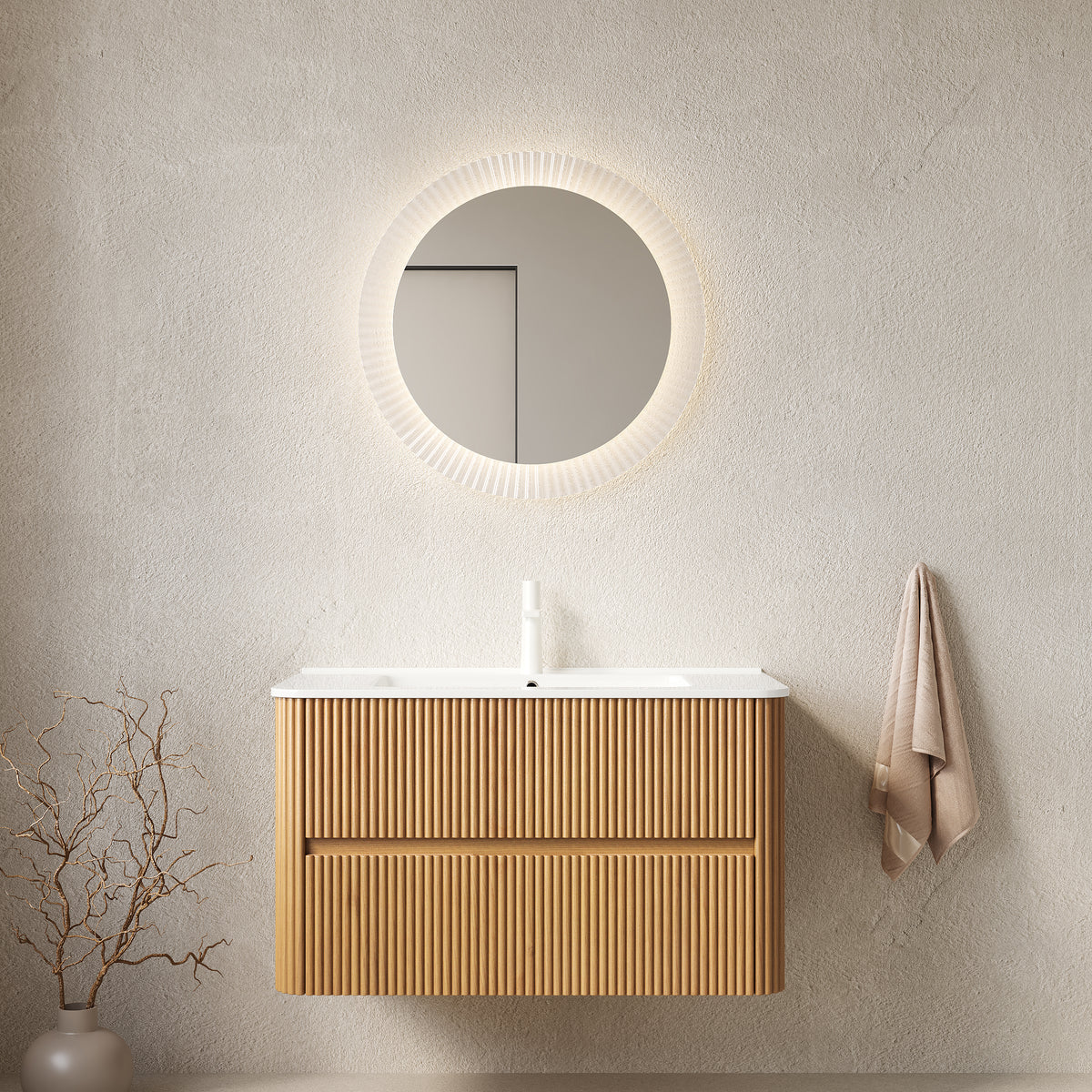 AISU 36" Bathroom Vanity with Sink, Wall-Mounted Floating Plywood  Bathroom Storage Cabinet with 2 Drawers, White Ceramic Basin, NO Faucet, Pre-assembled, Natural Woodgrain Color