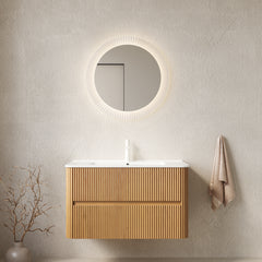 AISU 36" Bathroom Vanity with Sink, Wall-Mounted Floating Plywood  Bathroom Storage Cabinet with 2 Drawers, White Ceramic Basin, NO Faucet, Pre-assembled, Natural Woodgrain Color