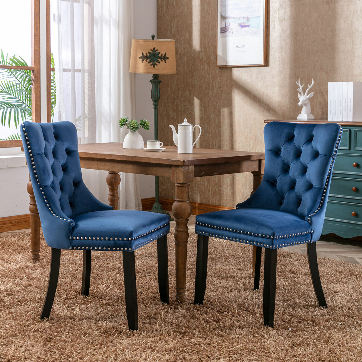 AISU, High-end Tufted Solid Wood Contemporary Velvet Upholstered Dining Chair with Wood Legs Nailhead Trim 2-Pcs Set, Blue