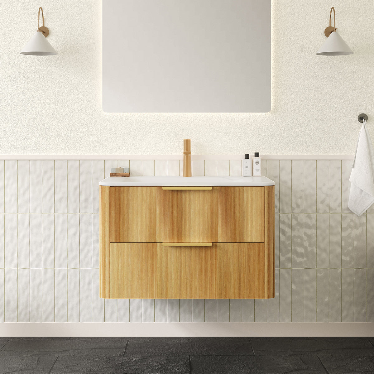 AISU 30" Floating Ultra-Pinstriped Plywood Bathroom Vanity with Sink, Storage Cabinet with Drawers, Carrara White Sintered Stone Hot-bent Integrated Basin, Pre-assembled, Light Natural Woodgrain Color