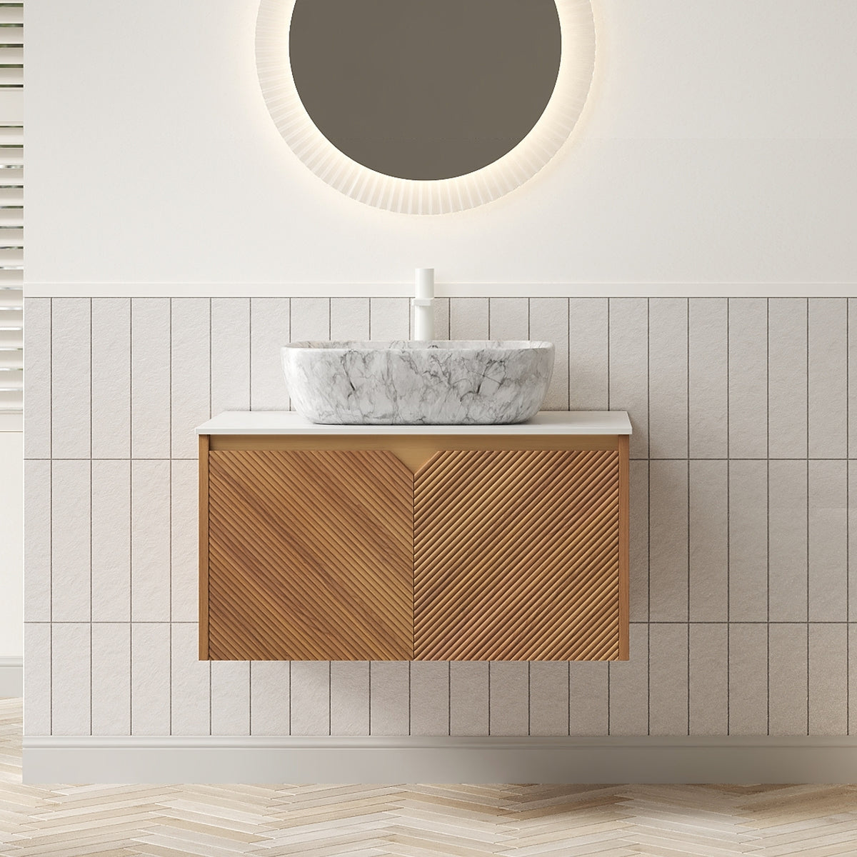 AISU 30" Bathroom Vanity&Sink, Floating Plywood Storage Cabinet, Twill Double Doors with Metal Trim, Marble Pattern Ceramic Vessel Basin&Carrara White Sintered Stone Top, Brown Oak Woodgrain Color