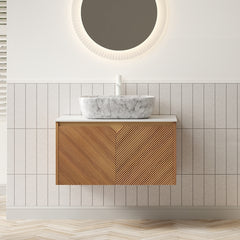 AISU 30" Bathroom Vanity&Sink, Floating Plywood Storage Cabinet, Twill Double Doors with Metal Trim, Marble Pattern Ceramic Vessel Basin&Carrara White Sintered Stone Top, Brown Oak Woodgrain Color