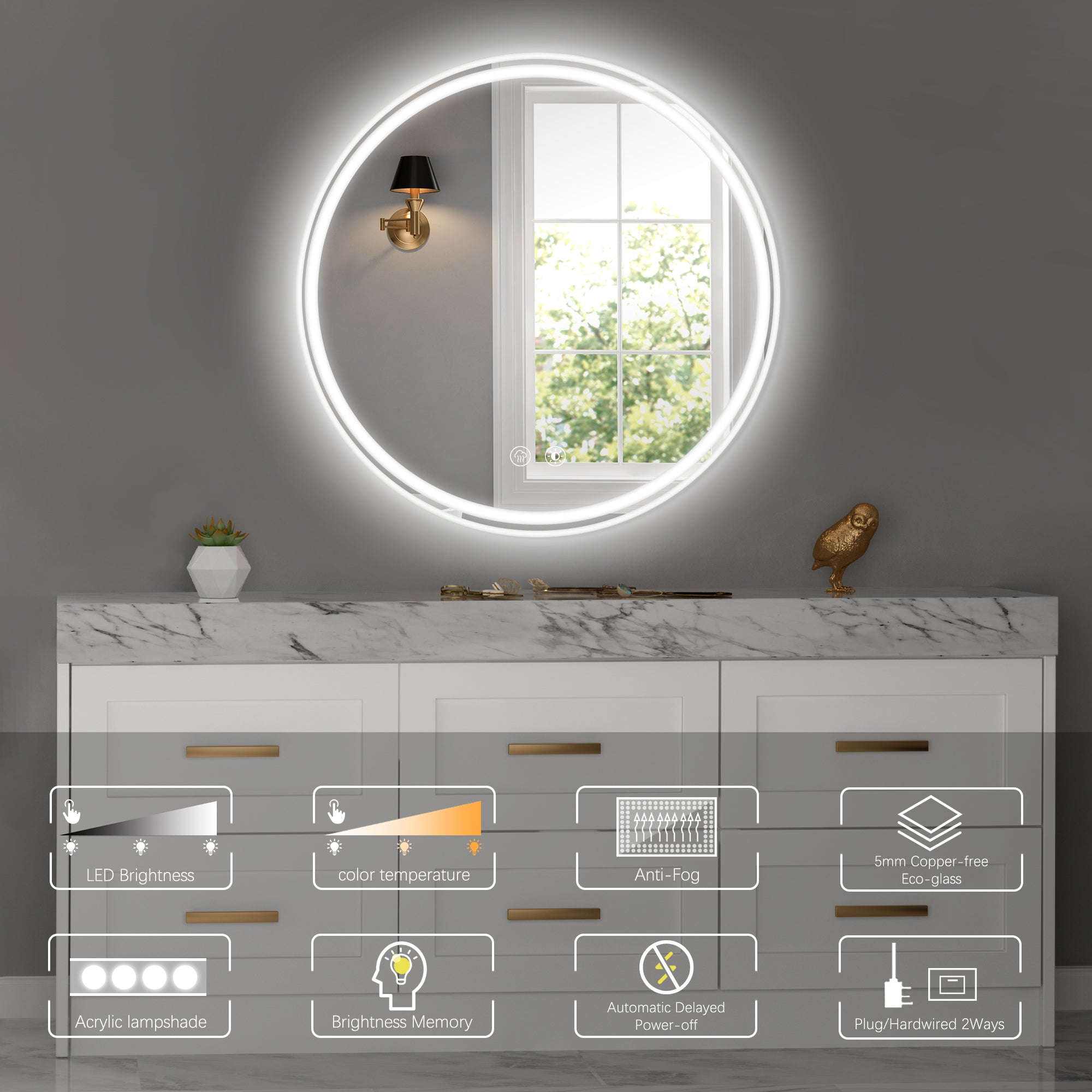 Miroir de salle de bain rond à LED de 71 cm (28 po) – Fixation murale pour plus de commodité 